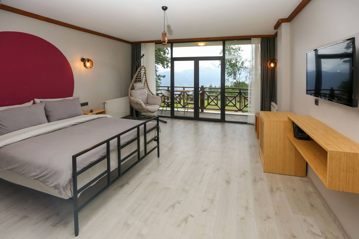 A bedroom with a bed, a TV, a chair, and a balcony with a view.