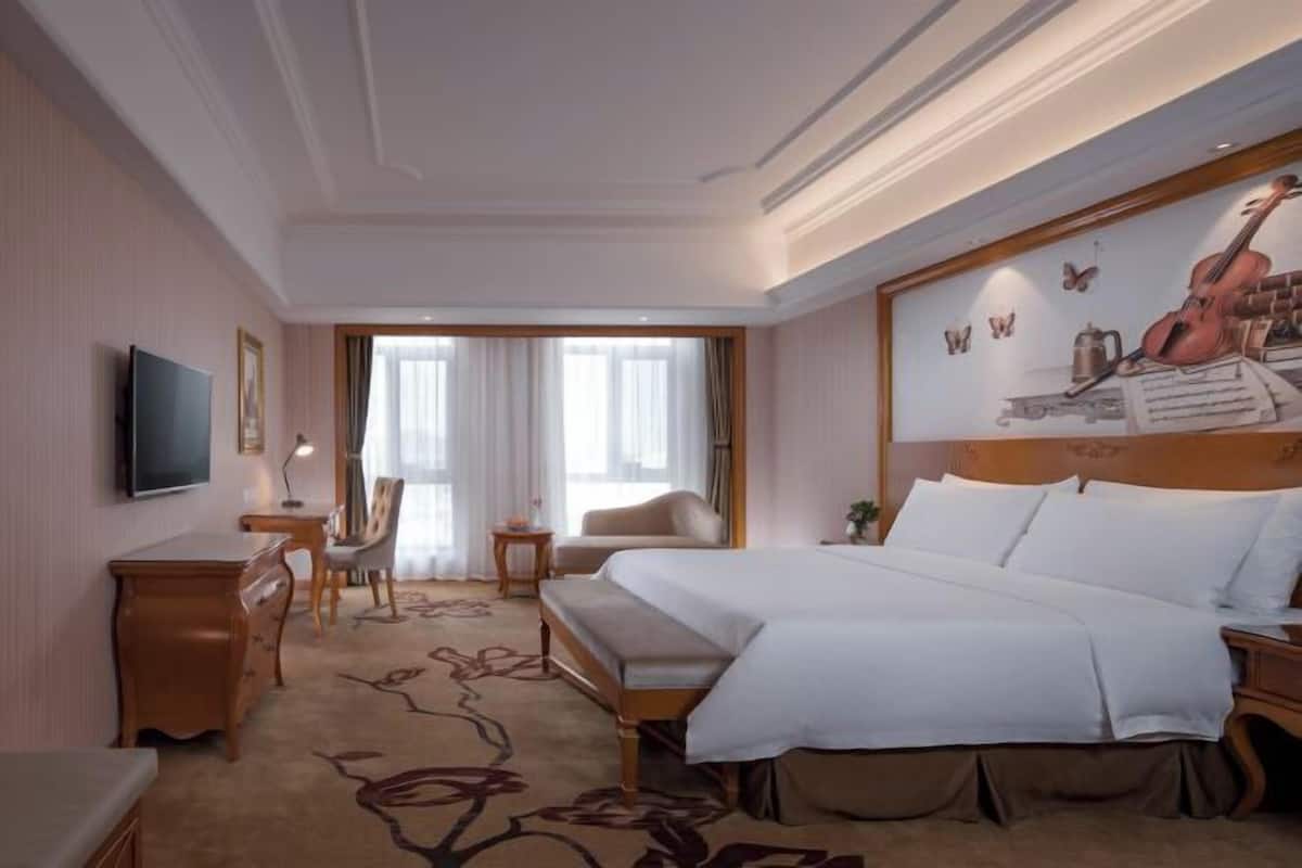 Habitación de hotel con una cama grande, televisor, escritorio, una silla y un cuadro en la pared.