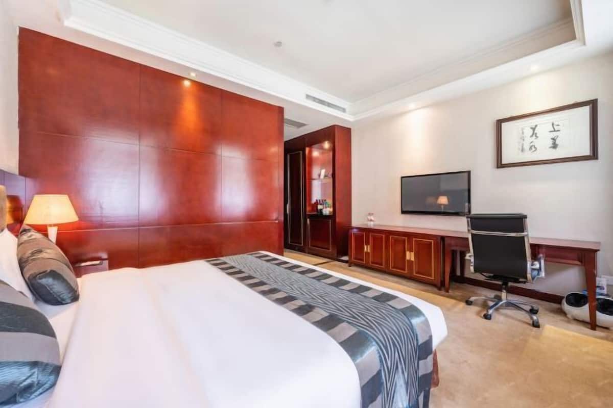 Quarto de hotel com uma cama grande, televisão, escrivaninha e guarda-roupa.
