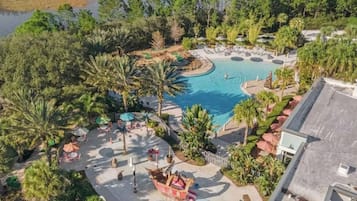 Outdoor pool, pool umbrellas, sun loungers