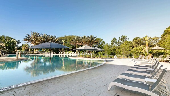 Outdoor pool, pool umbrellas, pool loungers