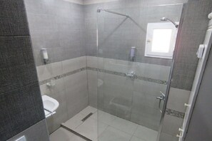 Shower, hair dryer, towels, toilet paper