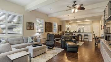 House, Multiple Beds, Hot Tub, Garden View | Living room | 50-inch TV with cable channels, MP3 dock