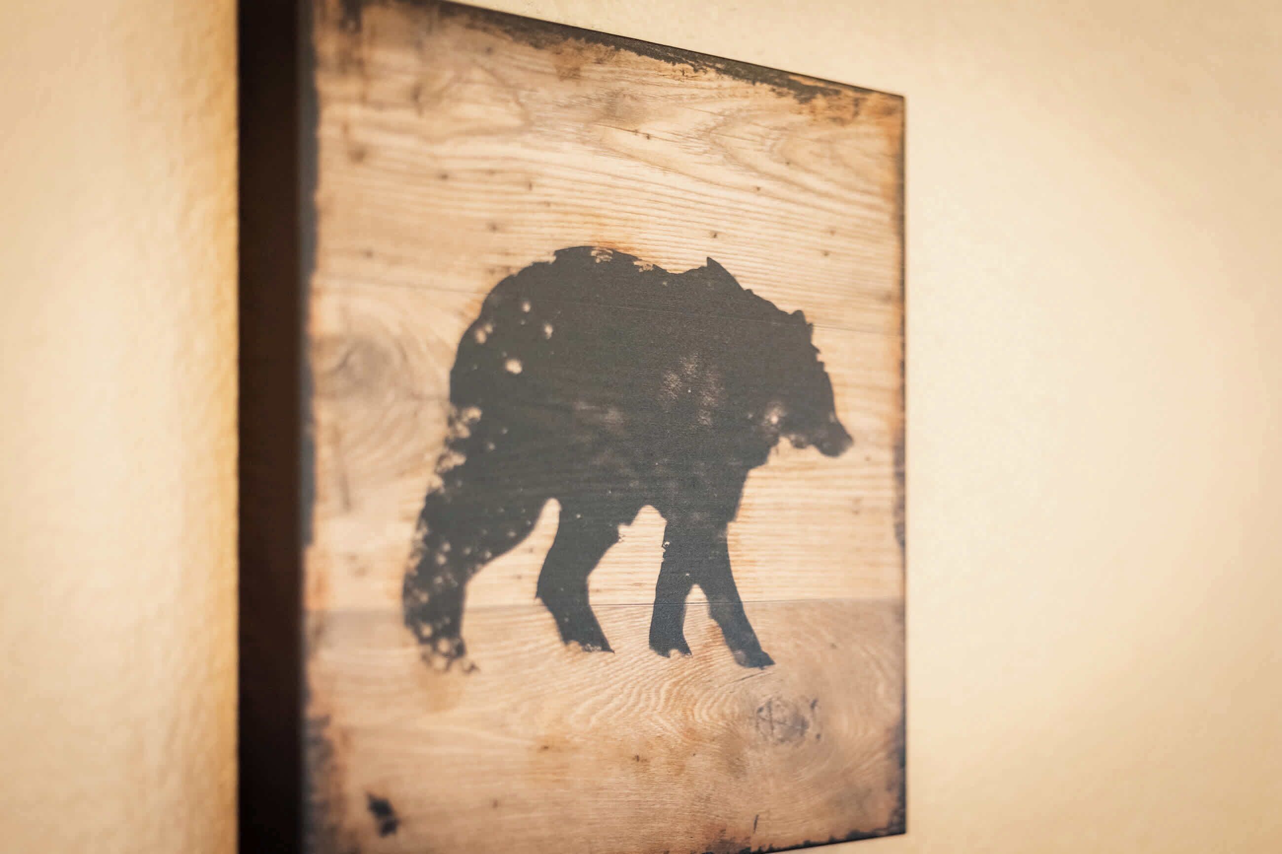 Een houten wand met de contouren van een hond.