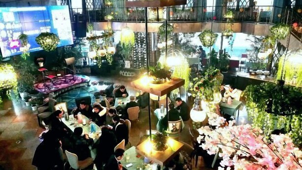 A restaurant with multiple dining areas, hanging plants, and a variety of seating arrangements. - Tiancheng Plaza Hotel (Neijiang)