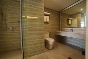 Een badkamer met een douchecabine van glas, een toilet, een wastafel met spiegel en een handdoekrek.
