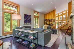 Smart TV, caminetto, tavolo da calcetto, libri