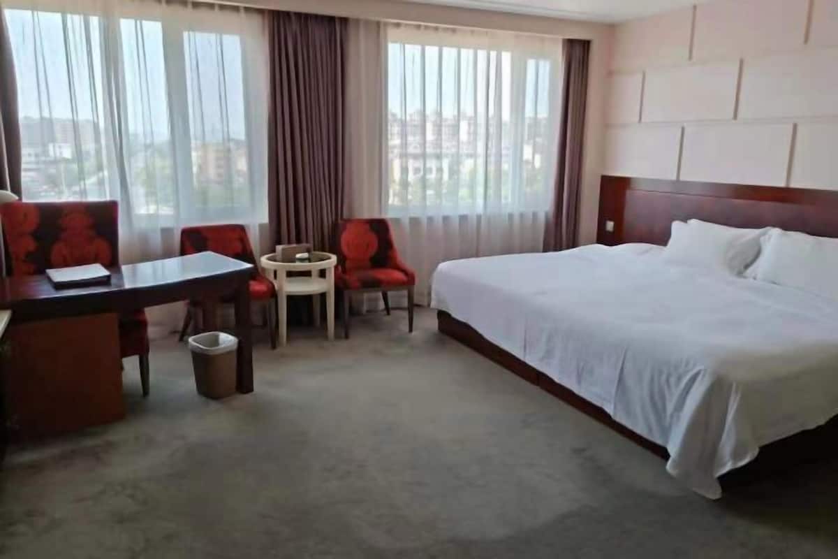 A hotel room with a large bed, a desk with a chair, a small table with two chairs, and a view of buildings through the windows.