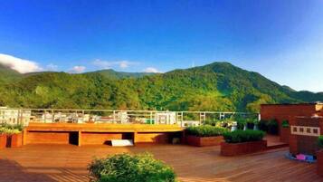 A rooftop terrace with a wooden deck, potted plants, and a view of a mountain range.