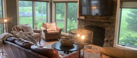 TV, fireplace, video games, ping pong