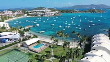A coastal hotel with multiple buildings, a marina with boats, a swimming pool, and palm trees.