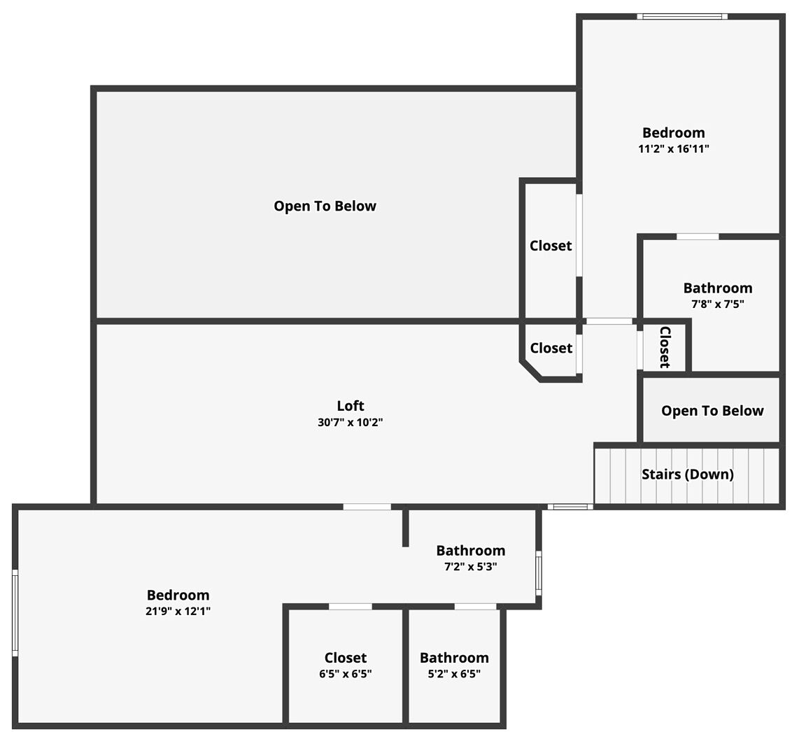 A floor plan with two bedrooms, two bathrooms, a loft, and multiple closets.
