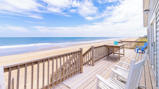A wooden deck with a view of the beach and ocean. - Sweeping Ocean Views, Spectacular Sunrises, One-level living, KD3311 (Kill Devil Hills)