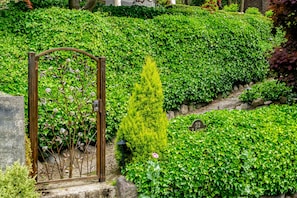 Stroll through the beautifully maintained garden, featuring lush greenery and a decorative metal gate.