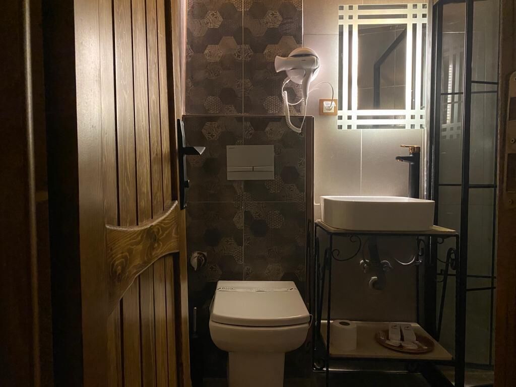 A bathroom with a toilet, a sink, and a hairdryer on a stand.