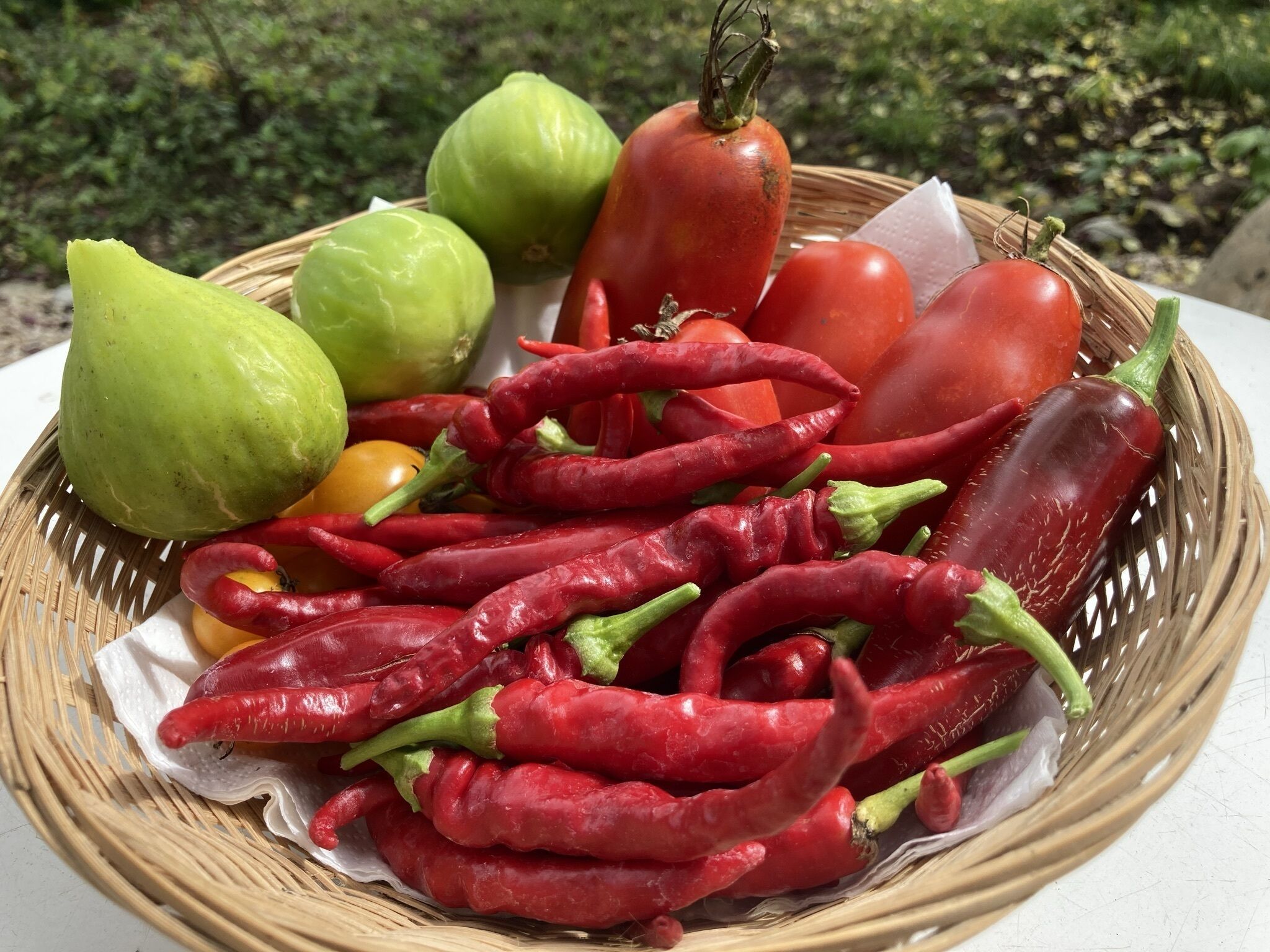 A basket containing green guavas, red chili peppers, and tomatoes on a white surface.