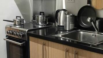 Fridge, microwave, stovetop, electric kettle