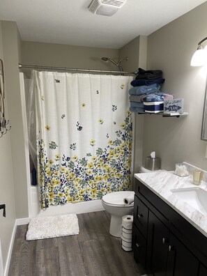 Combined shower/tub, hair dryer, towels, soap