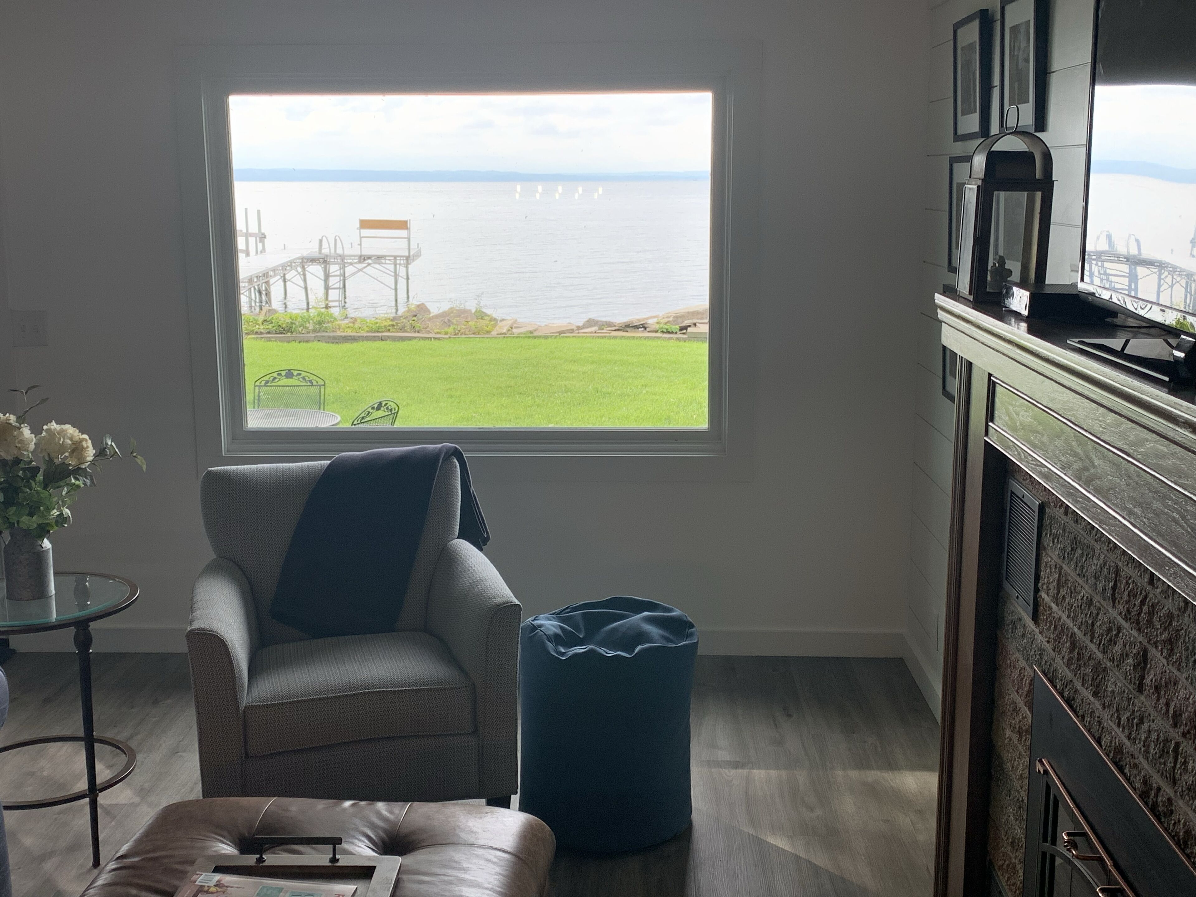 Televisión, chimenea y libros 