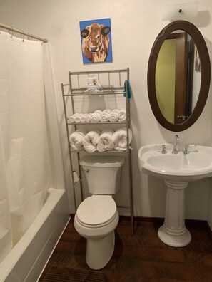 Ducha y bañera combinadas, secador de pelo, toallas y jabón