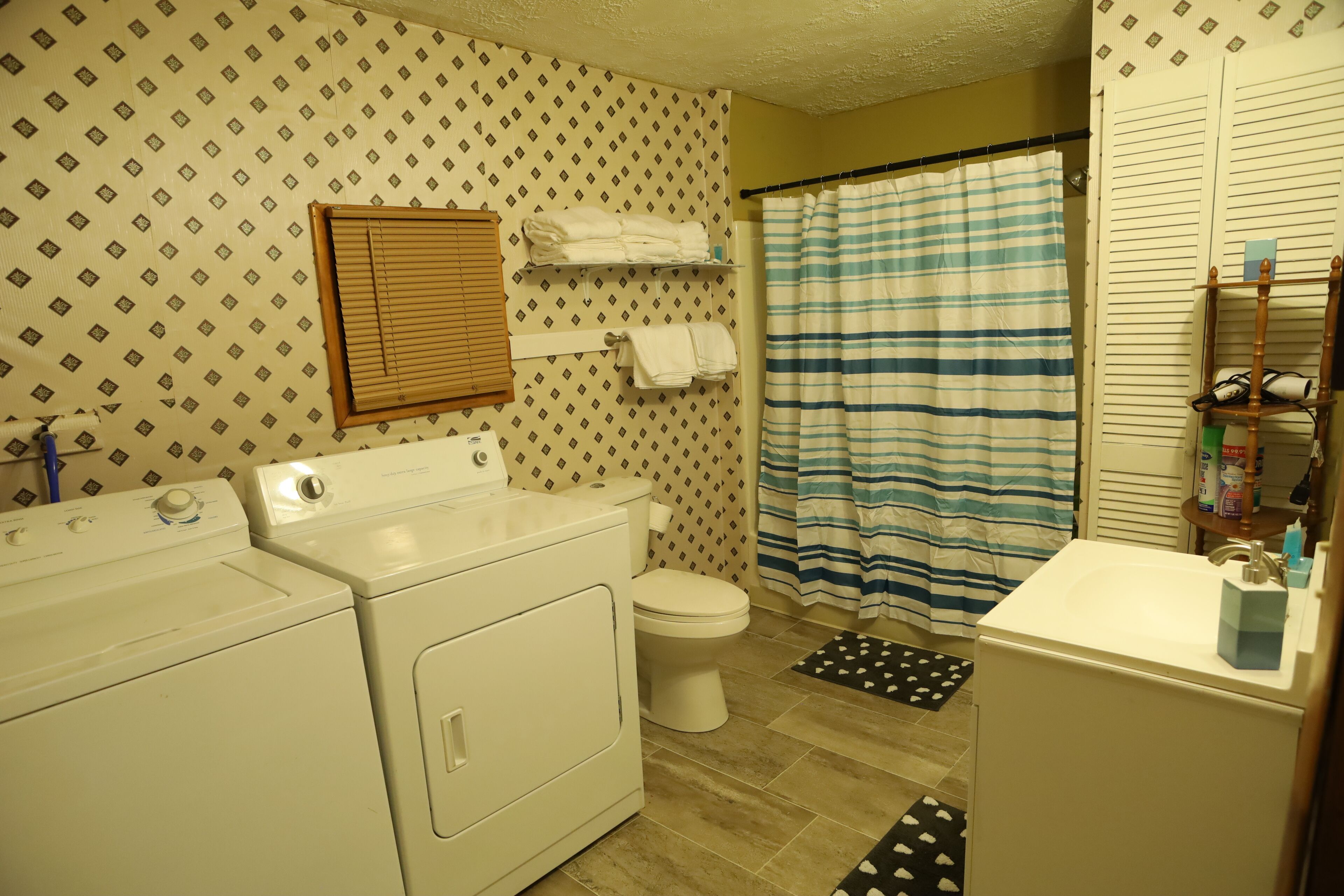 Bañera con ducha, secador de pelo, toallas, jabón