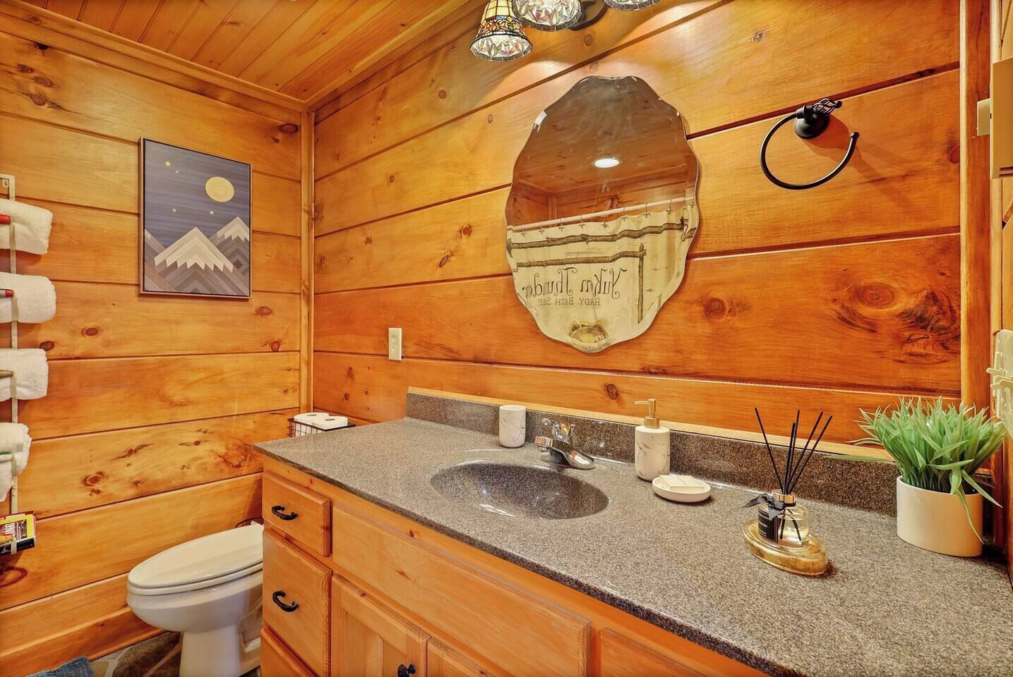 Ein Badezimmer im Stil einer Holzhütte mit Waschbecken, Toilette und einem dekorativen Spiegel.
