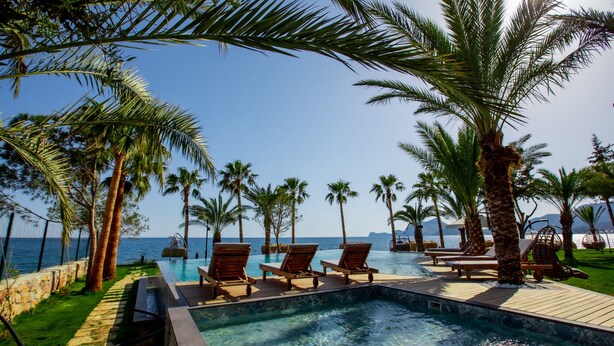 A poolside area with lounge chairs and palm trees, overlooking a body of water. - Elysium Garden (Bozyazi)