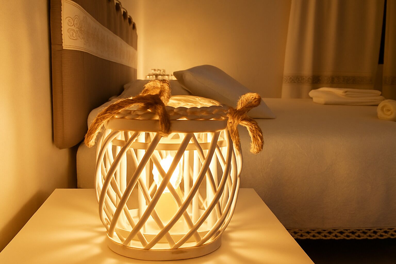 Ein gemütliches Hotelzimmer mit einer dekorativen Lampe auf einem Nachttisch, einem ordentlich bezogenen Bett und einem an der Wand befestigten Regal mit Gegenständen.