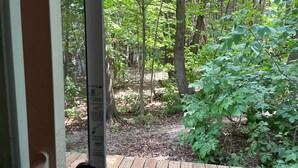 A wooden deck with a metal railing, surrounded by dense forest and leaf-covered ground. - Great location 2 minutes Walking to downtown and to the lake (Fish Creek)