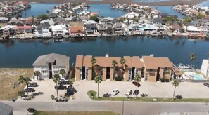 Stunning coastal views from this modern building with a flat roof and glass facades.