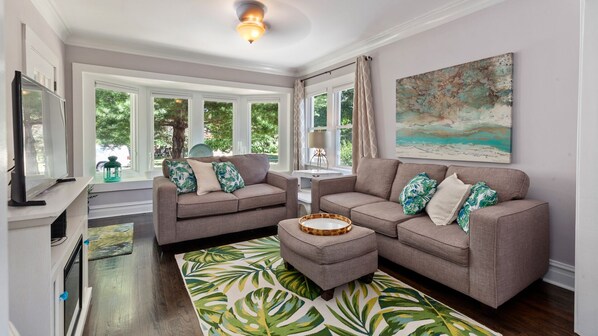 Smart TV, fireplace, DVD player, books