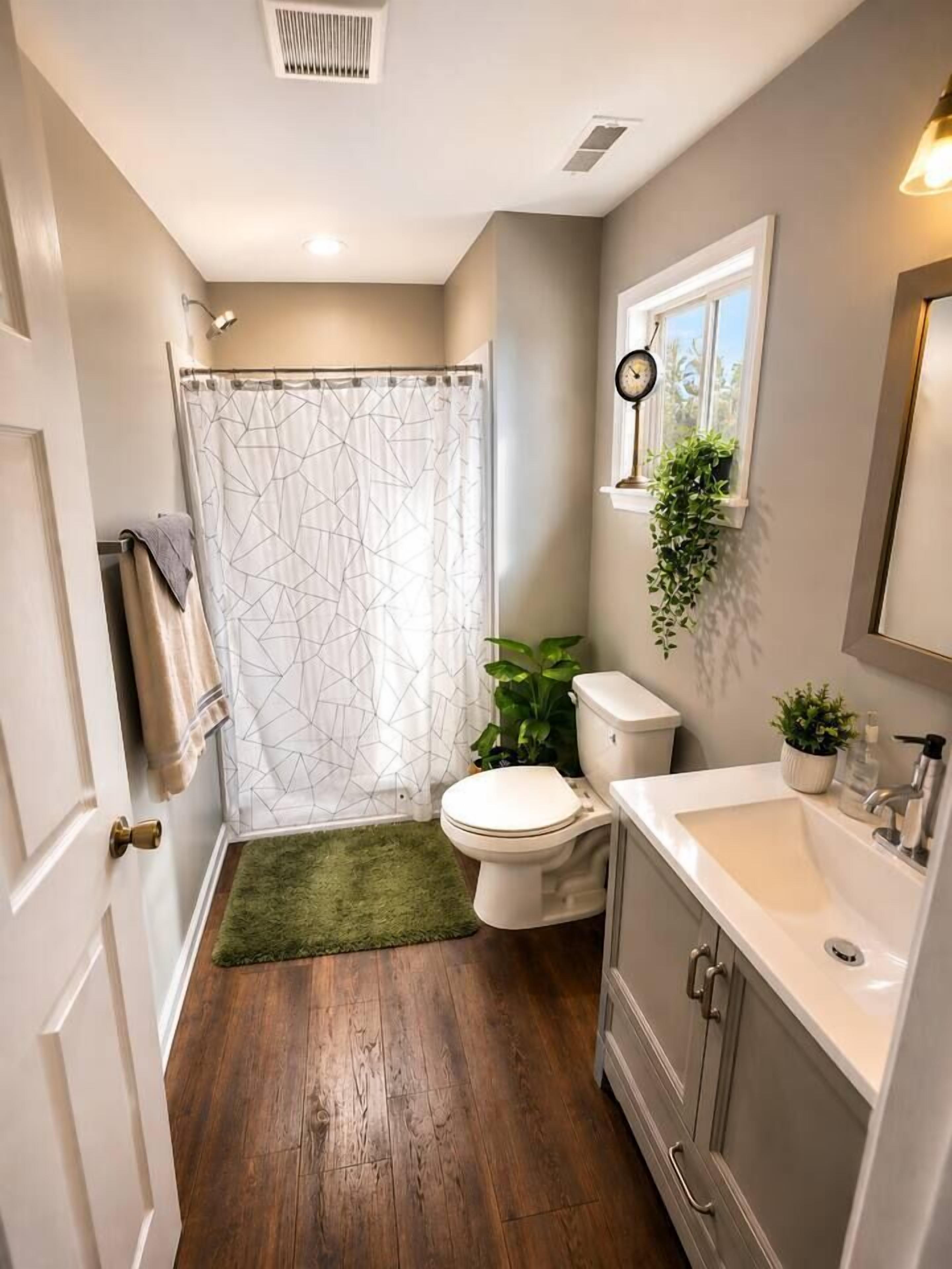Shower, hair dryer, bidet, towels