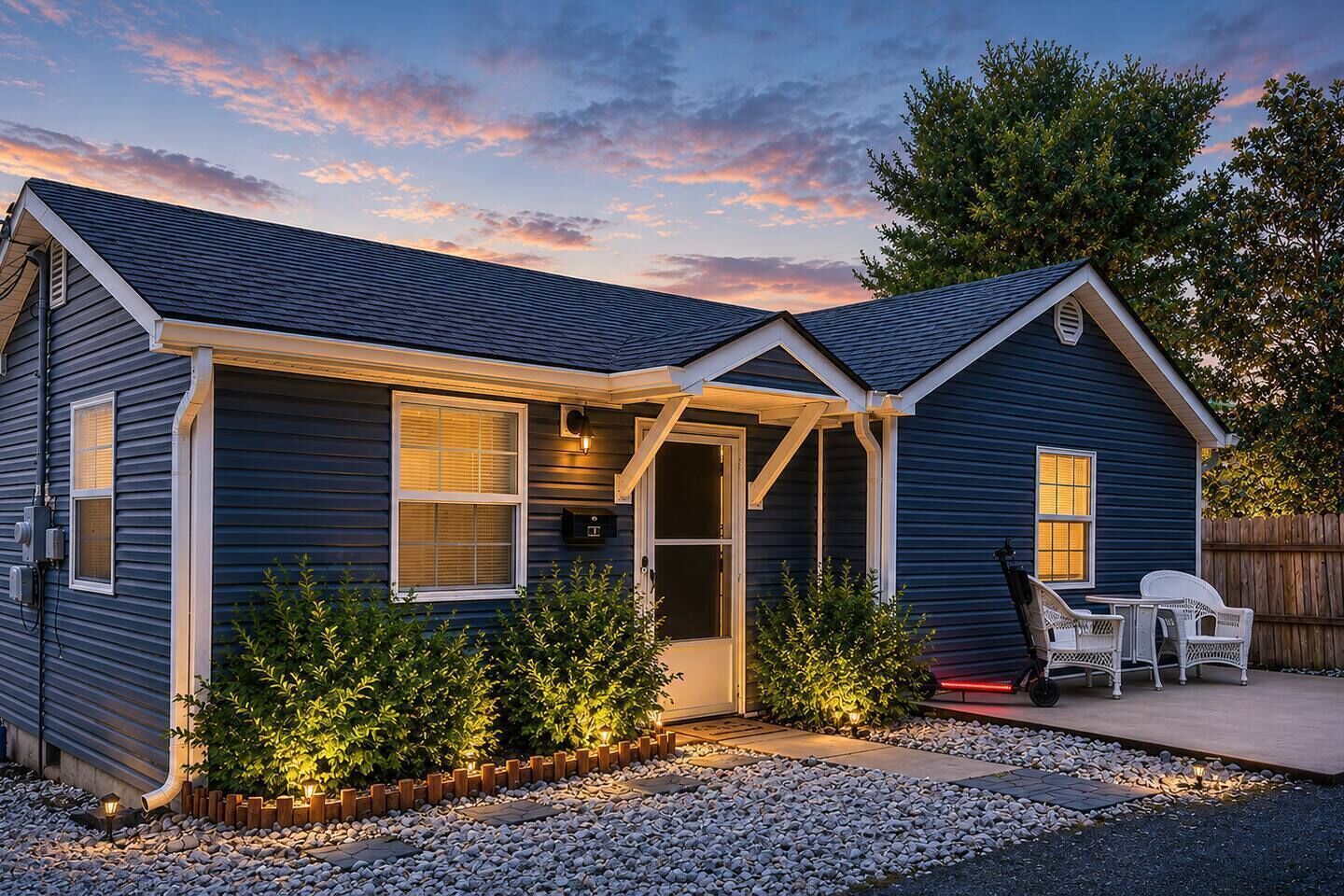 Une maison dotée d’un porche abrité, d’une porte d’entrée et d’un petit patio aménagé avec des chaises.