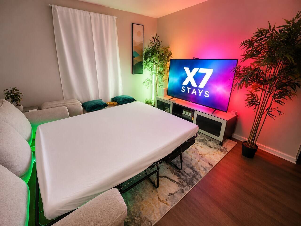 Une pièce avec un lit, une télévision, une plante et un tableau au mur.