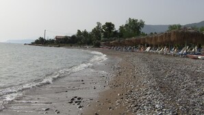 A pebbled beach with thatched umbrellas and lounge chairs.