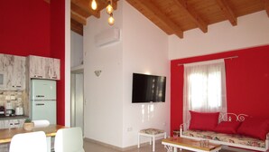 A modern living space with a kitchen, dining area, and a living room with a sofa and TV.