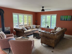 Smart TV, fireplace, books, stereo