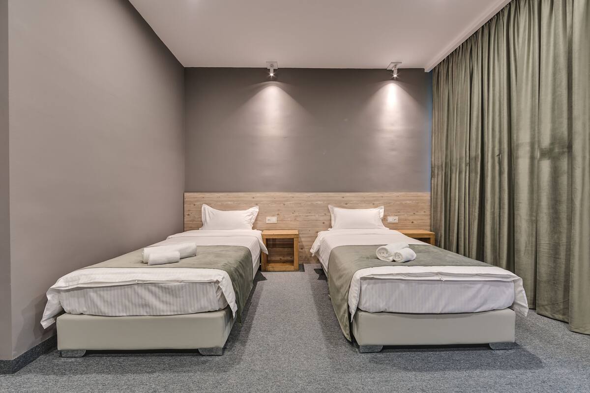 A modern hotel room with two single beds, a wooden headboard, a grey carpet, and a large window with curtains.