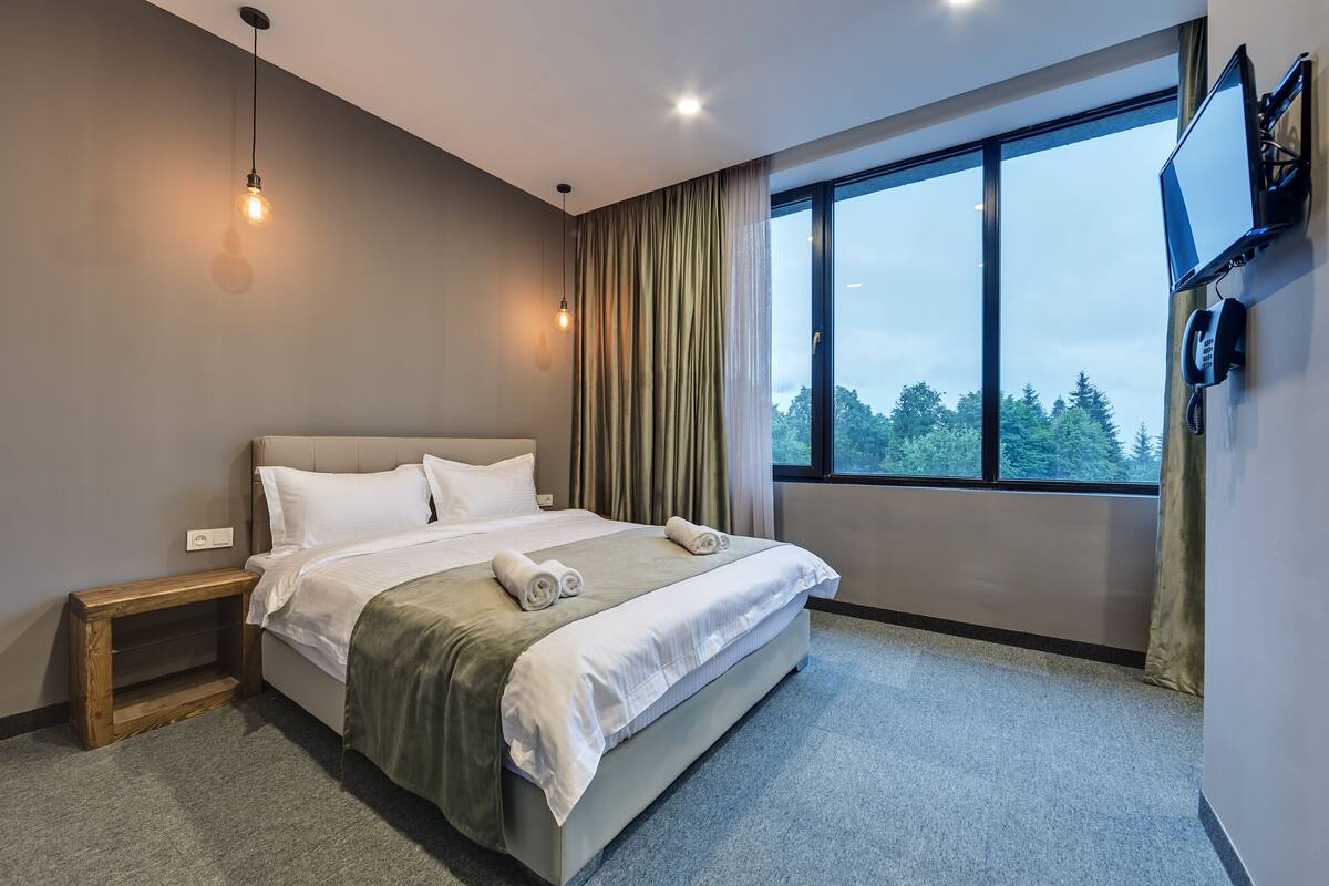 A modern hotel room with a large bed, a TV mounted on the wall, and a window with a view of trees.