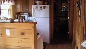 Interieur van een houten hutje met een keukenhoek, voorzien van houten kastjes, een koelkast en een fornuis.