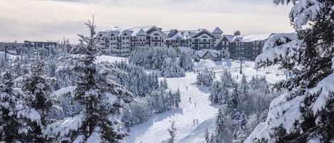 A snow-covered resort with multiple buildings, a ski slope, and dense evergreen trees.