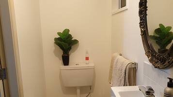 Suihku, hiustenkuivaaja, pyyhkeet, saippua