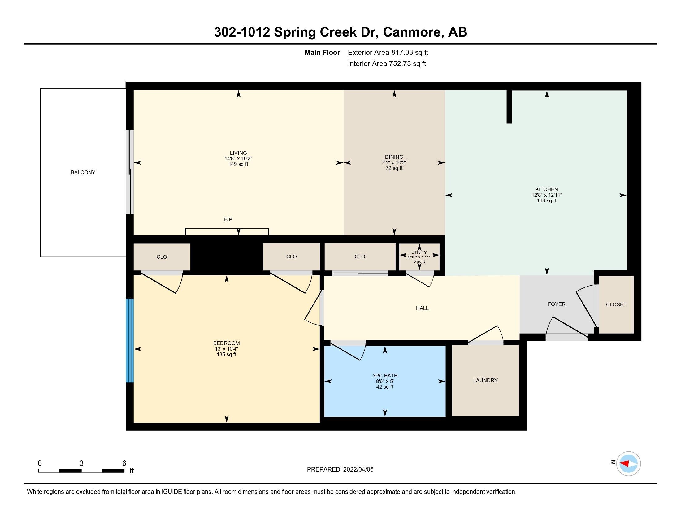 Grundriss einer Wohneinheit in der Straße 302-1012 Spring Creek Dr, Canmore, AB, mit Hauptgeschoss, Balkon, Wohnzimmer, Essbereich, Küche, Schlafzimmer, Badezimmer, Hauswirtschaftsraum, Abstellraum, Eingangsbereich und Flur.