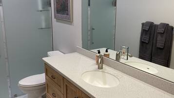 Shower, hair dryer, towels, soap