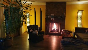 A living room with a fireplace, wooden flooring, a potted plant, and a sofa. - House in Teichland Pool, sauna, fireplace on the Cottbus Baltic Sea with proximity to the Spreewald (Teichland)