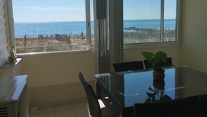 Ein Zimmer mit Glastisch, Korbstühlen, einer Topfpflanze und Meerblick durch ein Fenster.