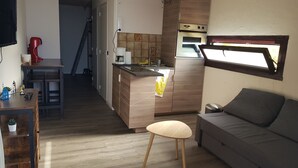 A compact living space with a kitchenette, a dining area with a small table and chairs, a sofa, and a window providing natural light.