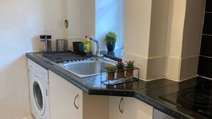 A compact kitchen with a washing machine, a sink, a stove, and a small potted plant. - Lovely 1-bed Apartment in London - View of Shard (London)