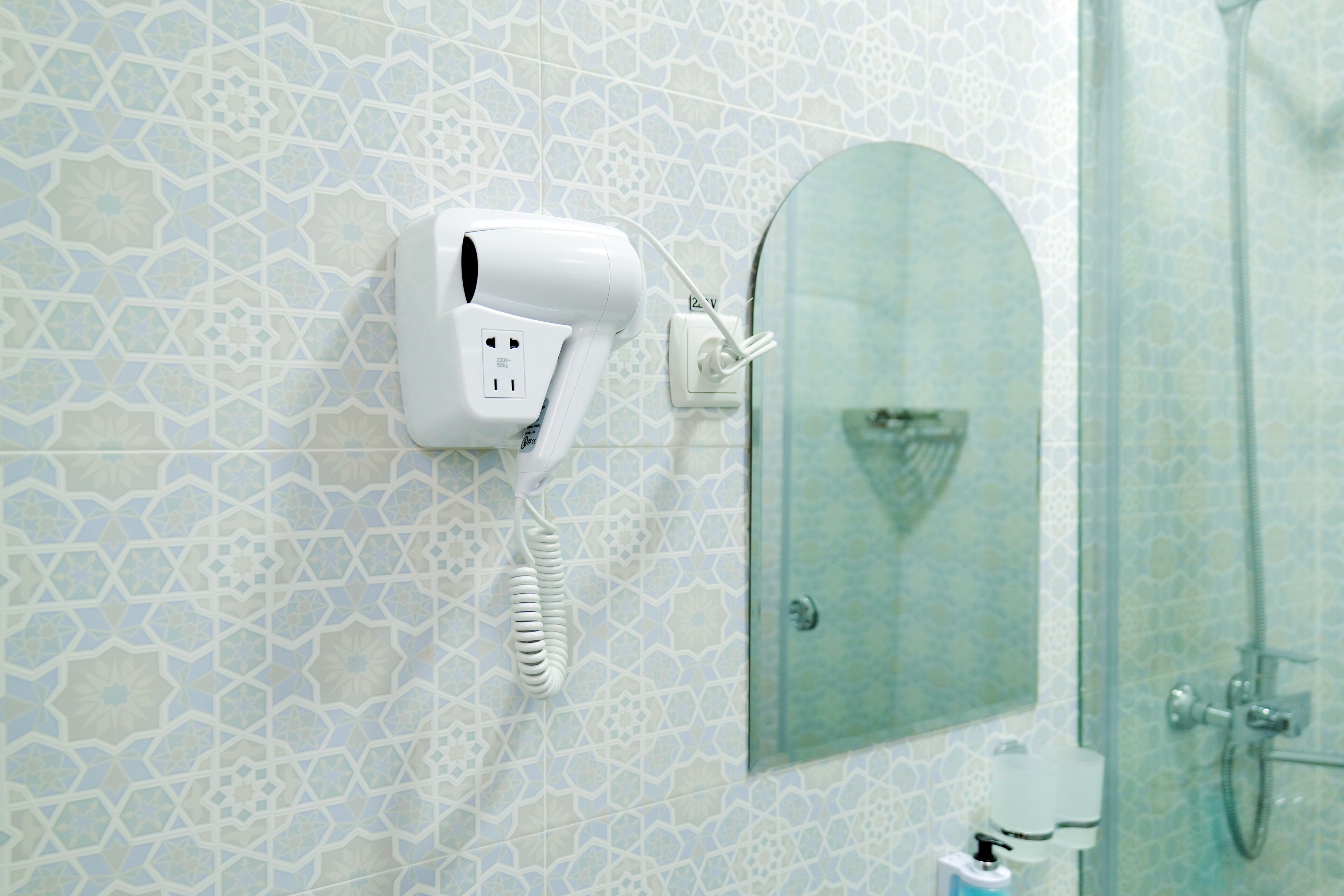 Une salle de bain avec un mur recouvert de carreaux à motifs, un sèche-cheveux fixé au mur, une douche en verre et un distributeur de savon posé sur le sol.