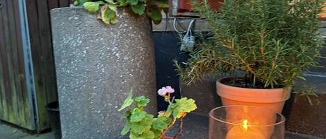 Un bac à fleurs en pierre contenant une plante en fleurs, une plante en pot et une bougie allumée, le tout posé sur une marche en pierre.